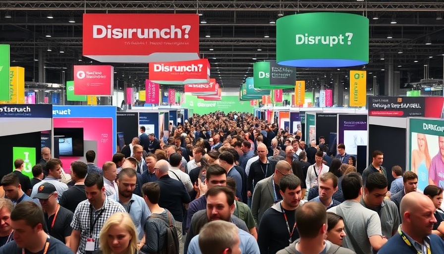 TechCrunch Disrupt 2025 exhibit with attendees and booths.