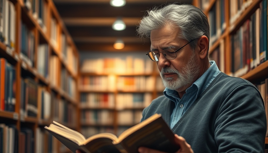 Middle-aged man in library reading, expressing deep thought.