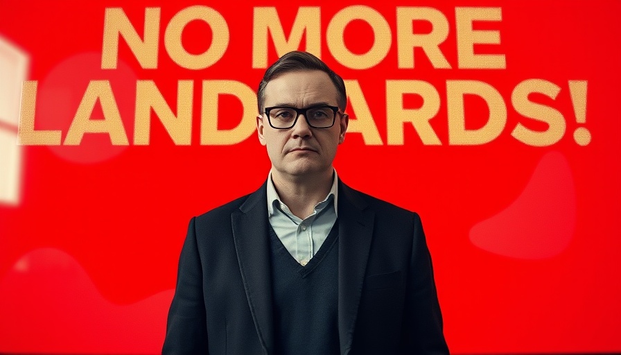 Serious man with glasses in front of 'No More Landlords' post.