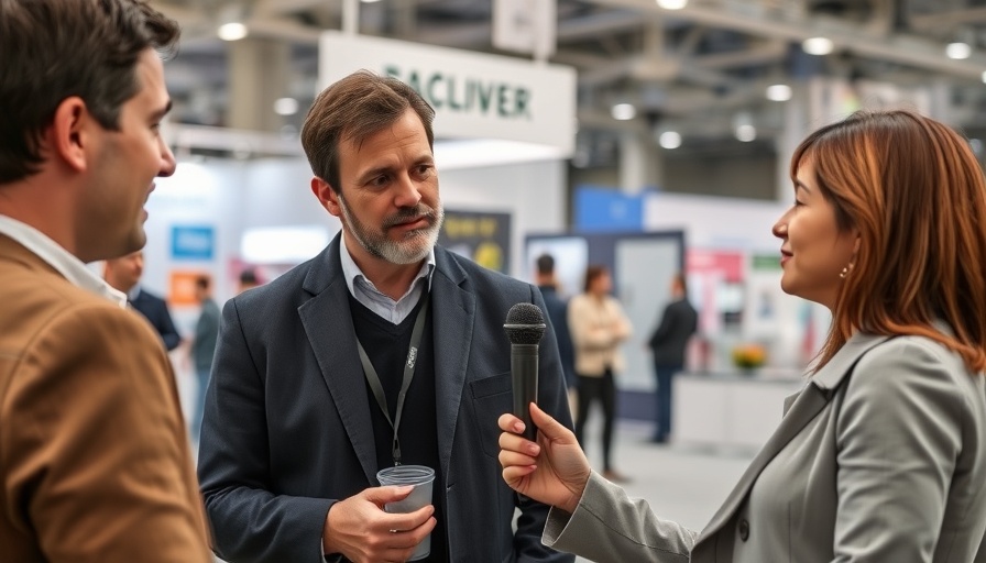 Casual interview at property event, indoor exhibition setting.