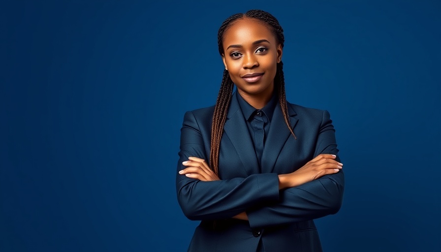 Confident woman in business suit with crossed arms, set against red and blue background.