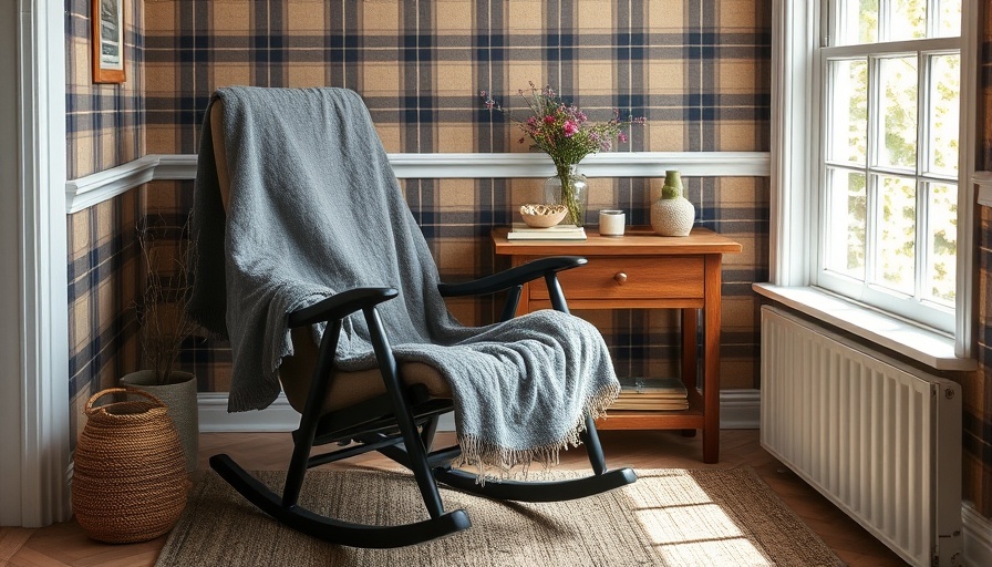 Cozy corner with tartan home decor featuring a rocking chair and side table.