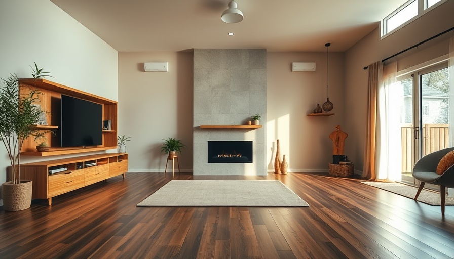 Eco-friendly living room with bamboo flooring and fireplace.