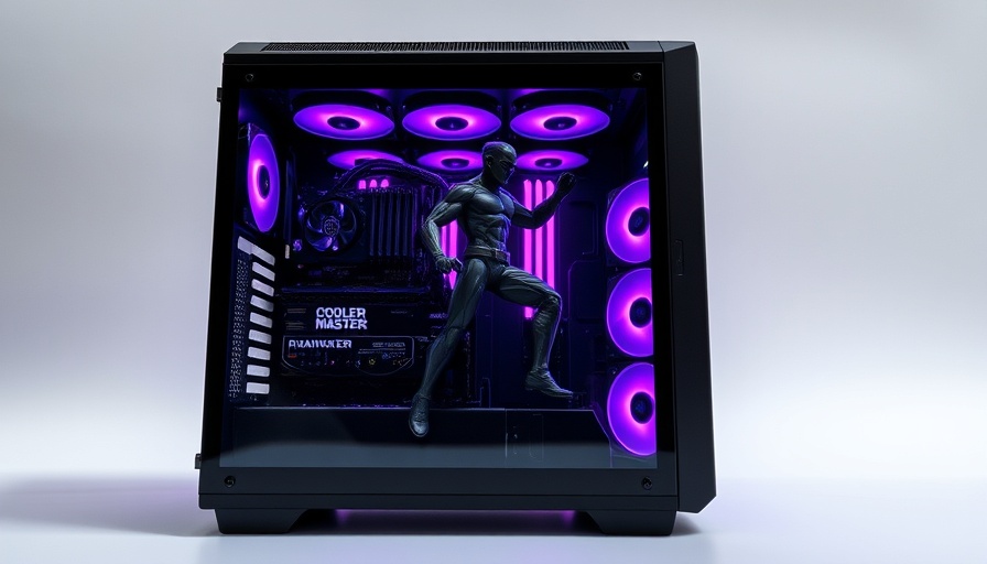 Cooler Master PC case with action figure display and purple LEDs.