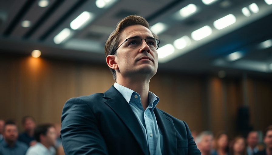 Confident man in suit speaking at tech conference under bright lights.