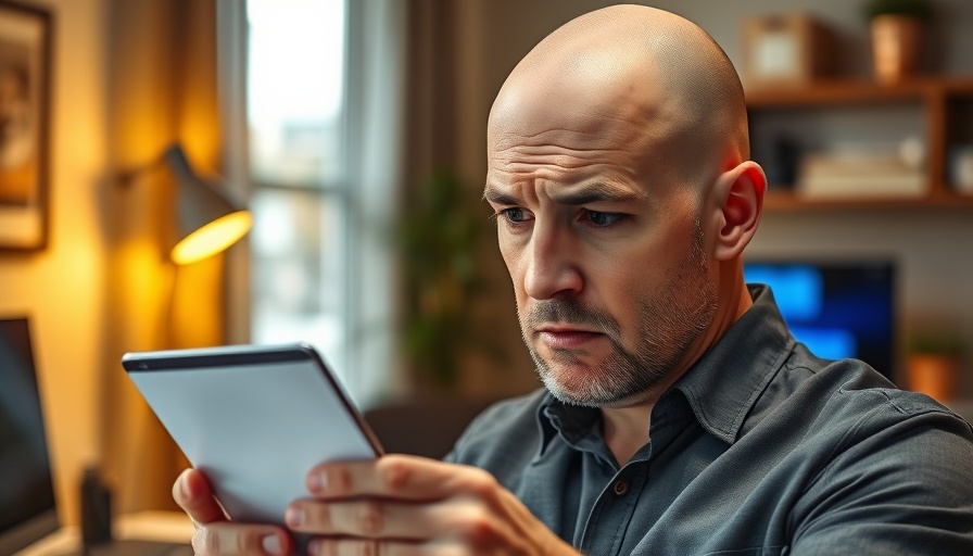 Concerned man reading email in home office, connected to digital ID risks and privacy.