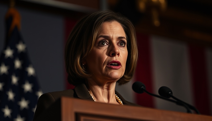 Emotional woman speaking at a podium with flags in the background.