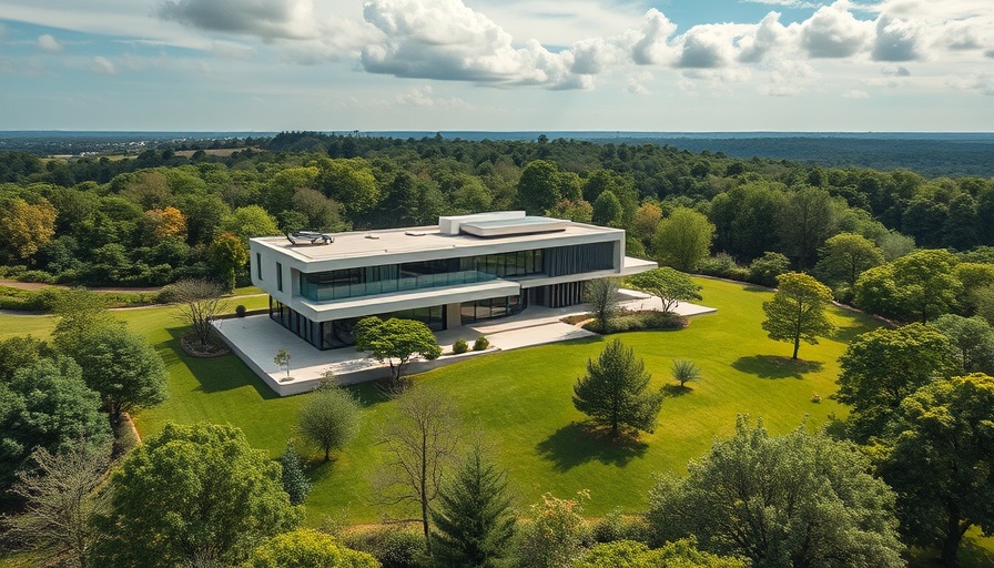 Aerial view of modern new home in lush landscape October 2025.