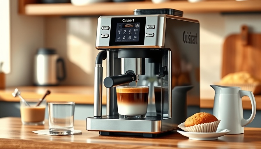 Modern Cuisinart coffee machine on a counter with iced coffee.