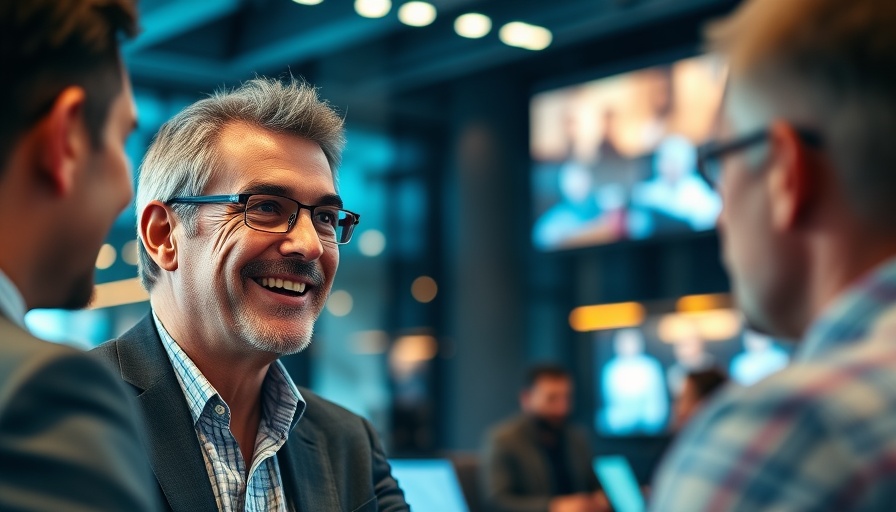 Smiling man discussing AI in public sector at modern conference.