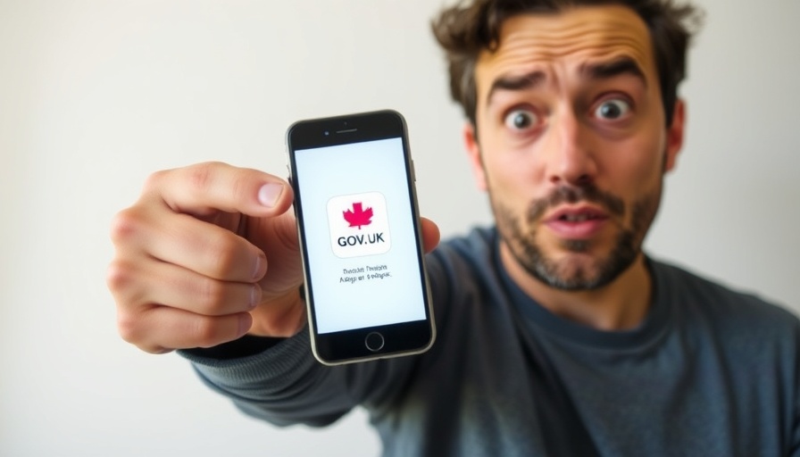 Humorous reaction to GOV.UK app on smartphone screen highlighting UK border control issues.