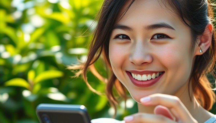 Young woman holds a device, smiling, greenery backdrop.
