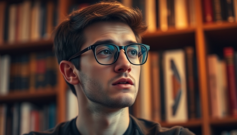 Thoughtful young man discusses blockchain with books in background.