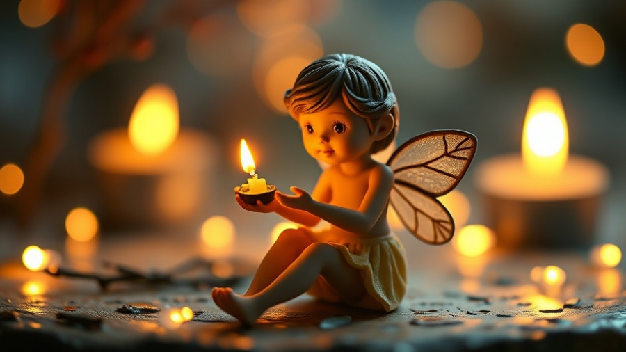 Charming fairy figurine holding candle in glowing candlelit setting.