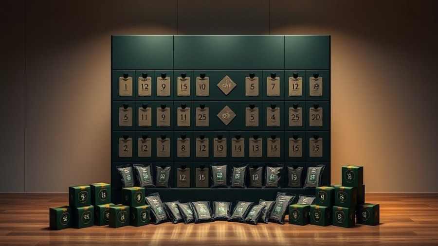 Coffee advent calendar with dark green packets in modern setting.