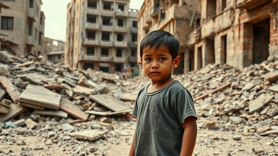 Child standing among ruins, prayer for peace in Gaza.