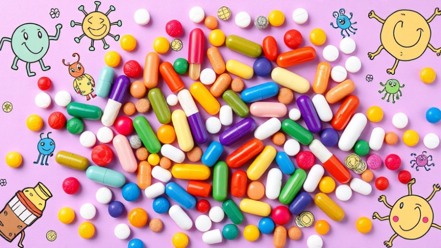 Colorful pills and capsules illustrating antimicrobial resistance