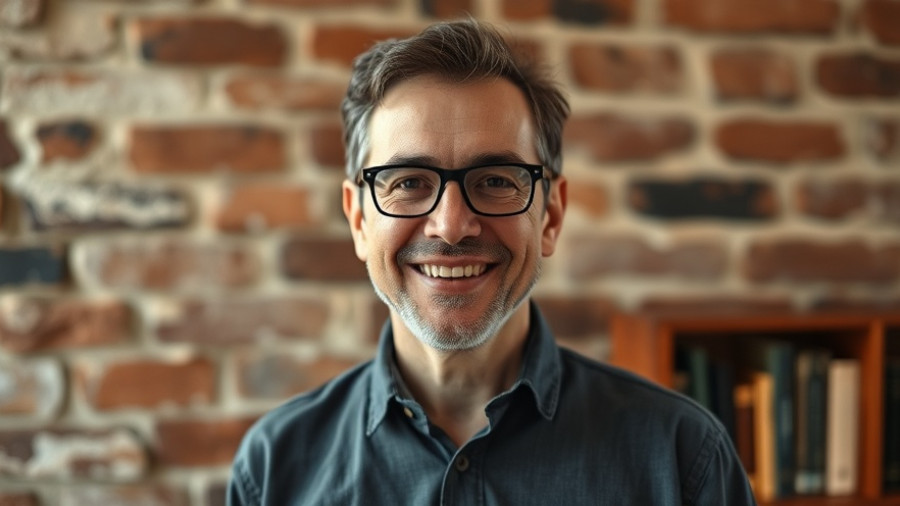 Middle-aged man smiling, brick wall background, abolishing stamp duty theme.