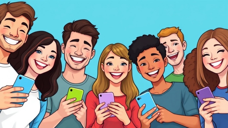 Diverse young adults using phones for digital interaction, Rent a Cyber Friend.