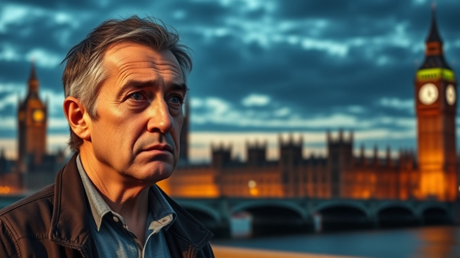 Concerned man with Big Ben background discussing UK economy and personal finances.