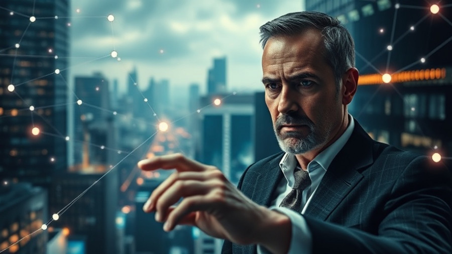 Surreal businessman manipulating patterns in a digital cityscape, representing dark patterns in business.