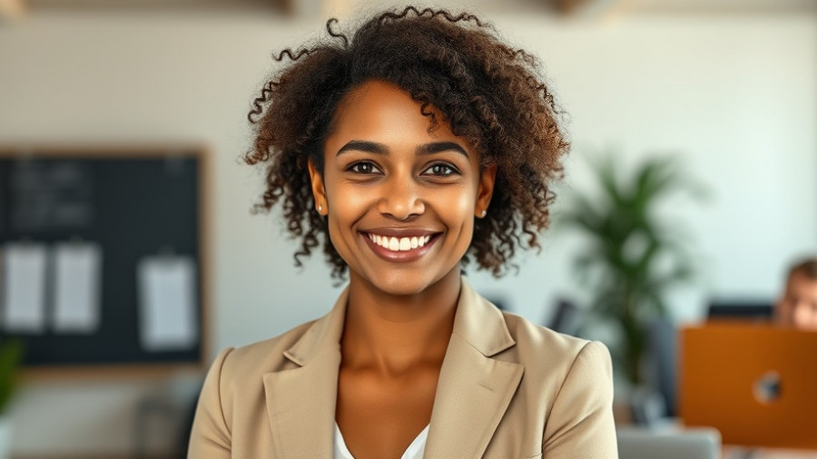 Professional smiling woman in beige blazer in office, semi-commercial mortgages context.