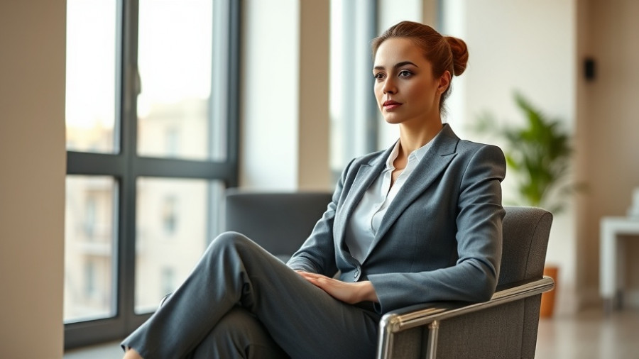 Professional woman in gray suit seated indoors, relaxed ambiance.