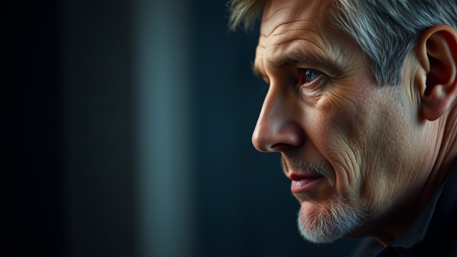 Contemplative side profile of a middle-aged man in focus.