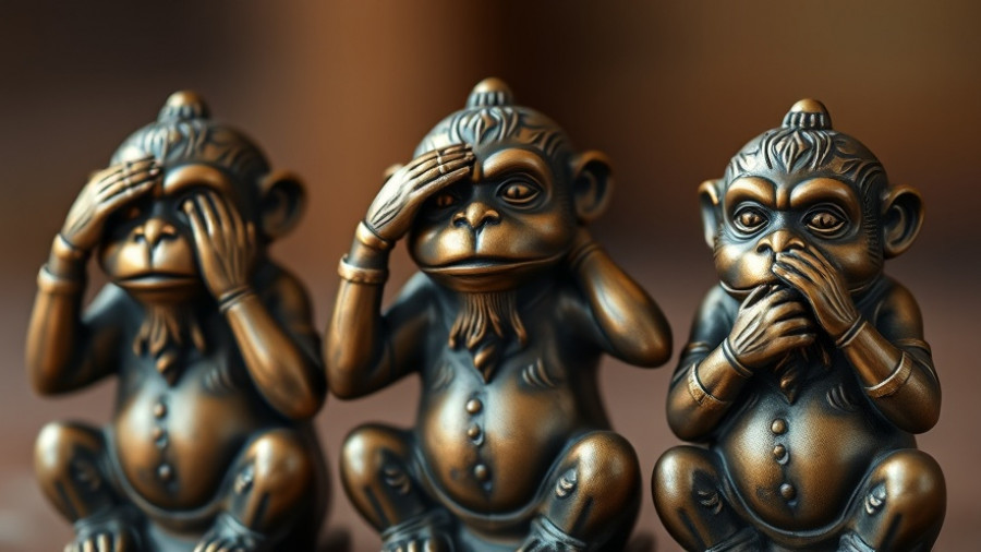 Bronze wise monkeys representing see no evil, hear no evil, speak no evil.
