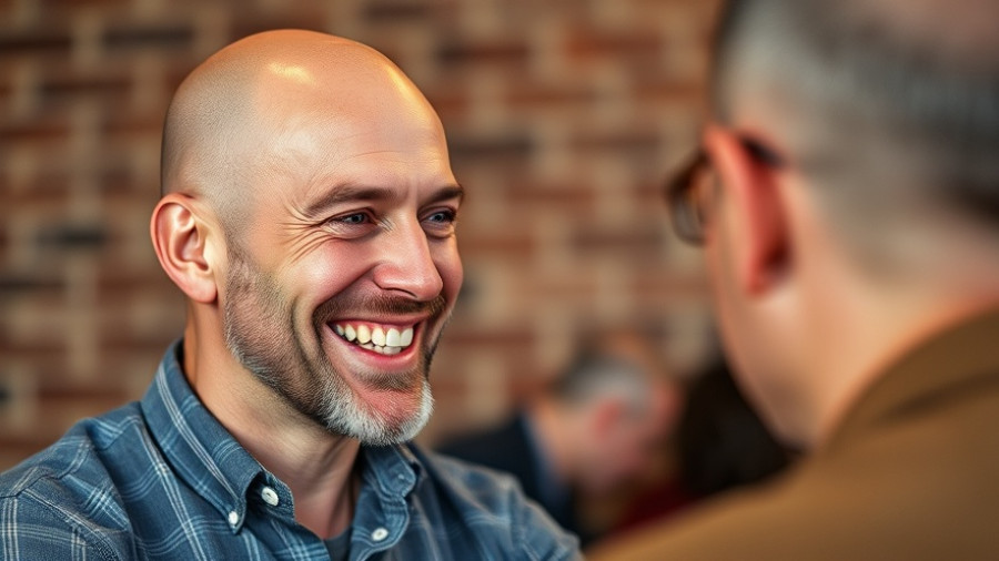 Bald man smiling during discussion about electric cars and tax savings.