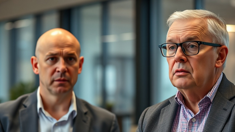 Two men discuss implications of UK digital ID in office setting.