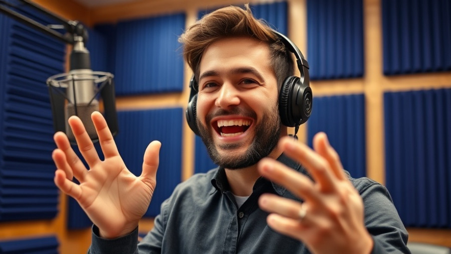 Smiling man in blue soundproof studio talking passionately.