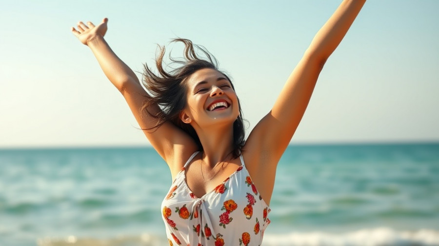 Woman performing standing exercises by the ocean to shrink back bulge.
