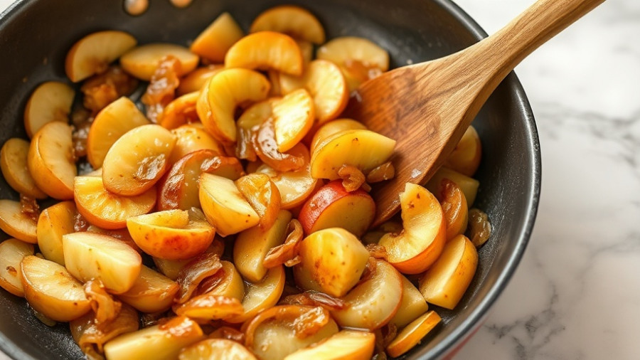Delicious fried apples and onions recipe in a skillet with wooden spatula.
