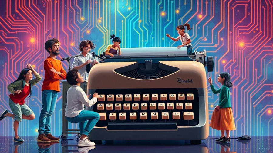 Illustration of people with typewriter and circuit board, symbolizing Kotler's Marketing Principles and AI.