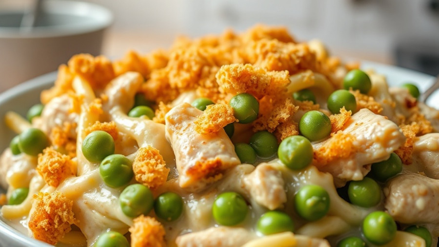 Creamy Turkey Tetrazzini with golden breadcrumbs and peas.