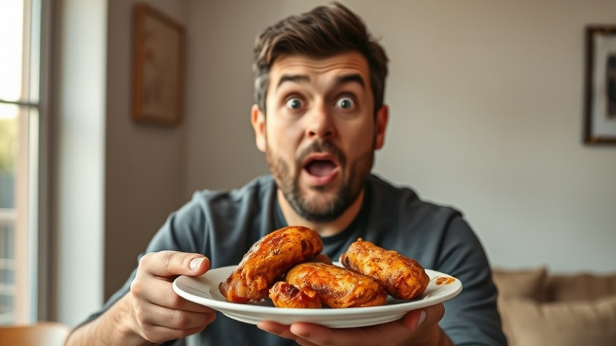 Surprised man holding food at a table, indoor setting.
