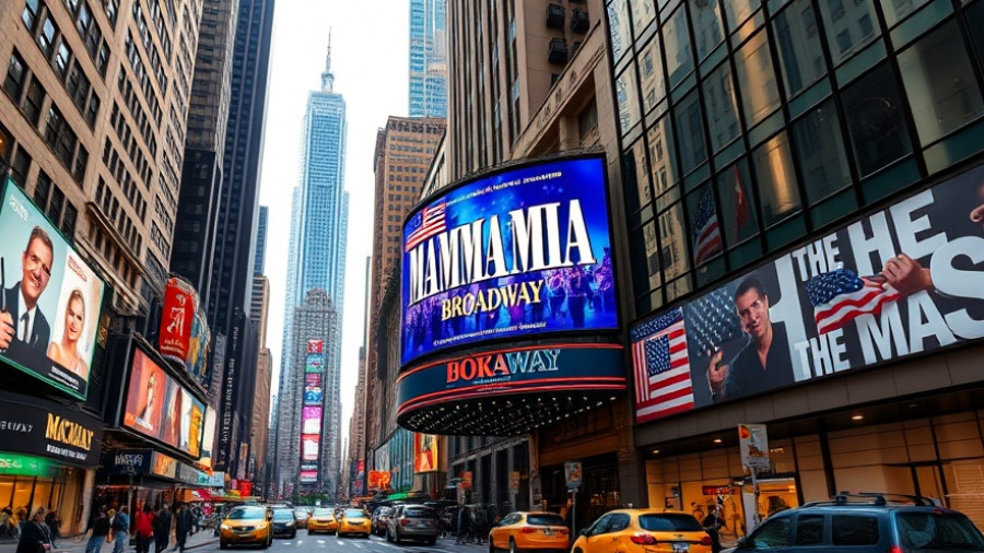 Broadway billboard of Mamma Mia amidst city buildings, capturing lively Broadway vibe.