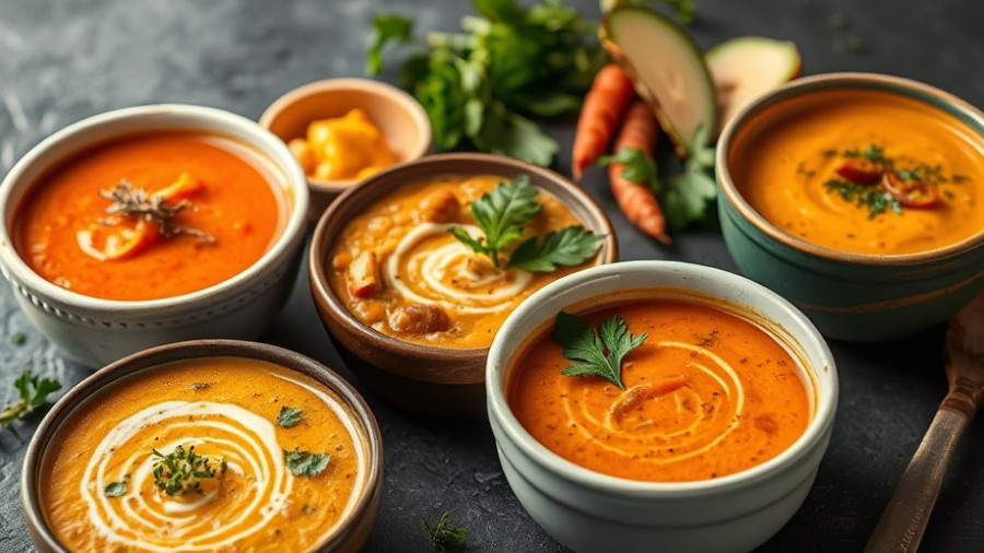 Vibrant high-protein fall soups under 400 kcal with fresh ingredients.