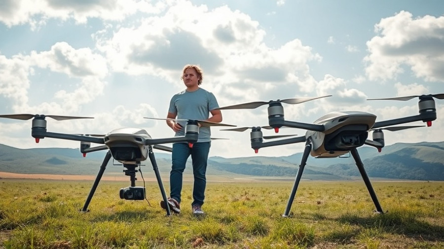 High-tech wildfire fighting drones on grass field with man standing.