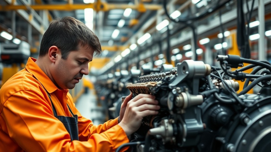 Technician assembling engine in a U.S. auto factory, showcasing resiliency.