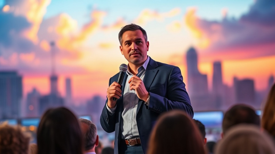 Speaker at PropTech conference discussing UK property listings AI portal, vibrant backdrop.