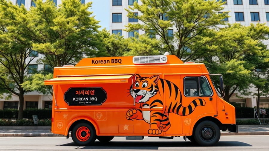 Robotic food truck kitchen in urban setting with bold design.