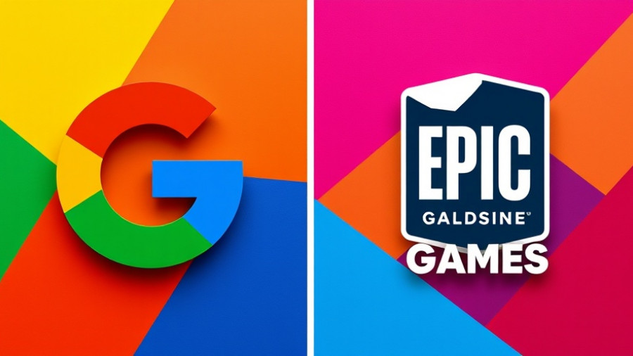 Abstract image with Google and Epic Games logos, colorful design.