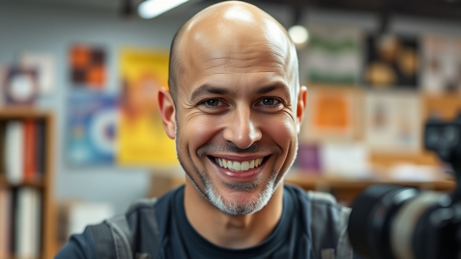 Bald man discussing small business grants in a colorful studio setting.