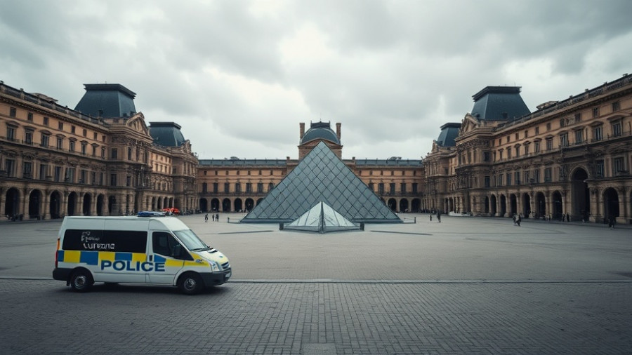 Police van at Louvre after jewelry heist, overcast day