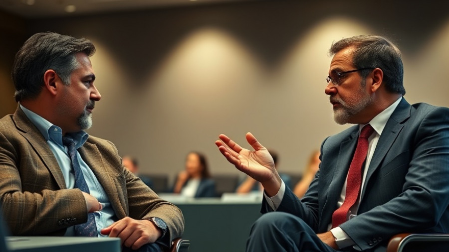 Two men in a formal meeting discussing consequences.