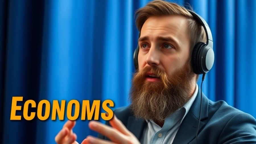 Economic discussion on inflation, man with headphones against blue curtain.