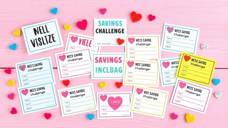 Mini savings challenges with colorful cards and heart decorations.