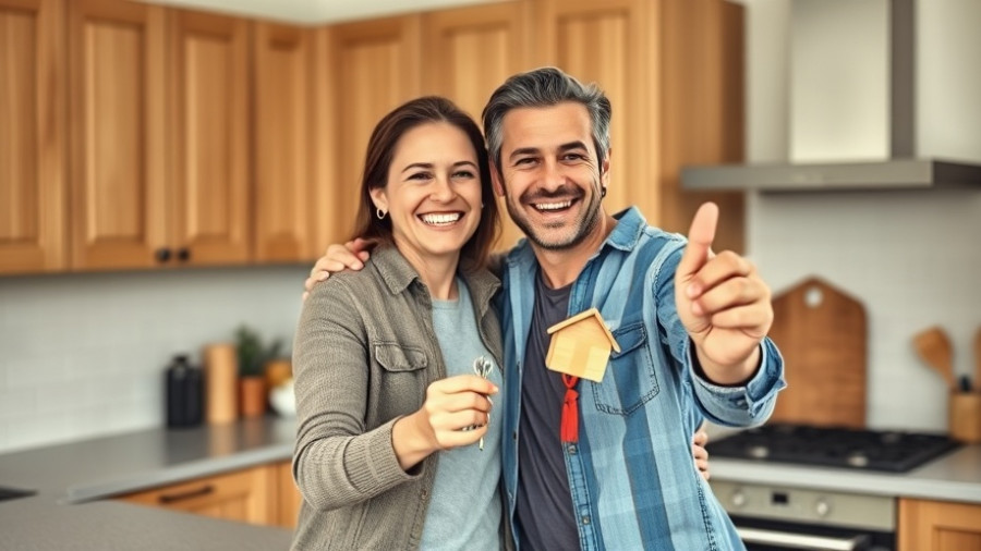 Cheerful couple in their first year as homeowners holding house keys.